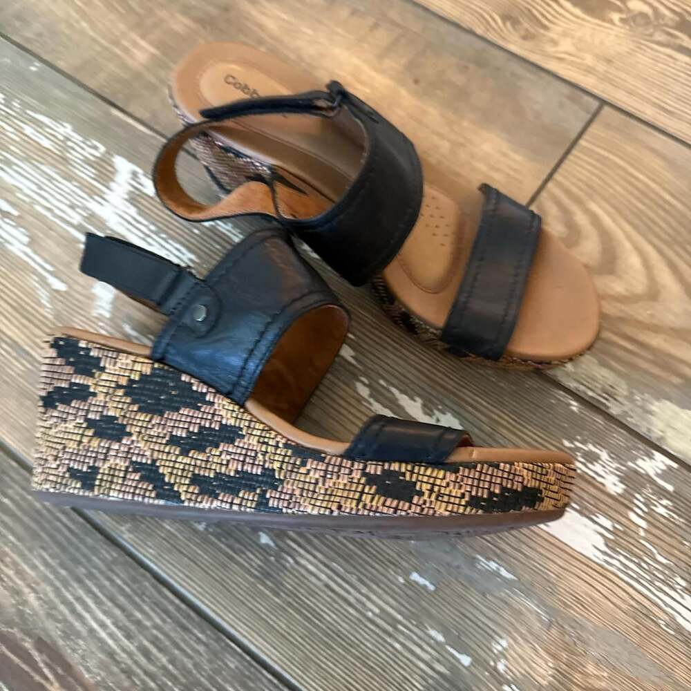 Cobb Hill Black Leather Woven Wedge Sandals